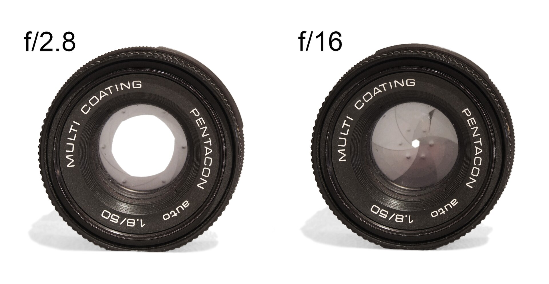 Aperture openings at different f-stops from f/2.8 to f/22
