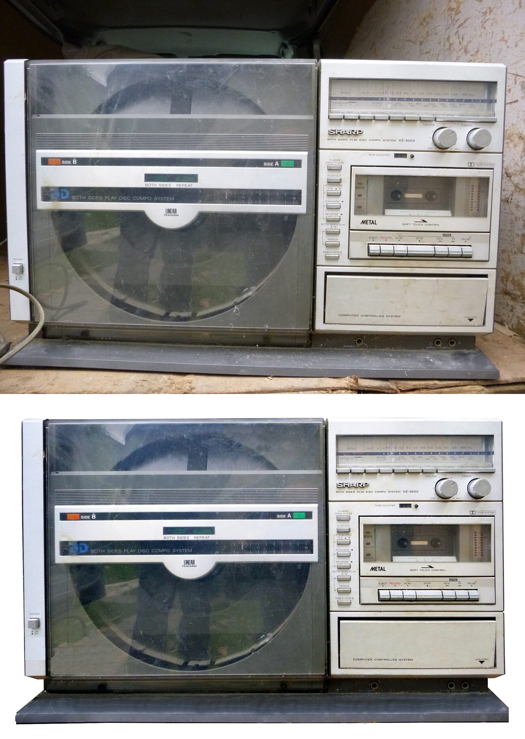Before-and-after digital photo restoration of a 1980s Sharp VZ-3000 hi-fi system