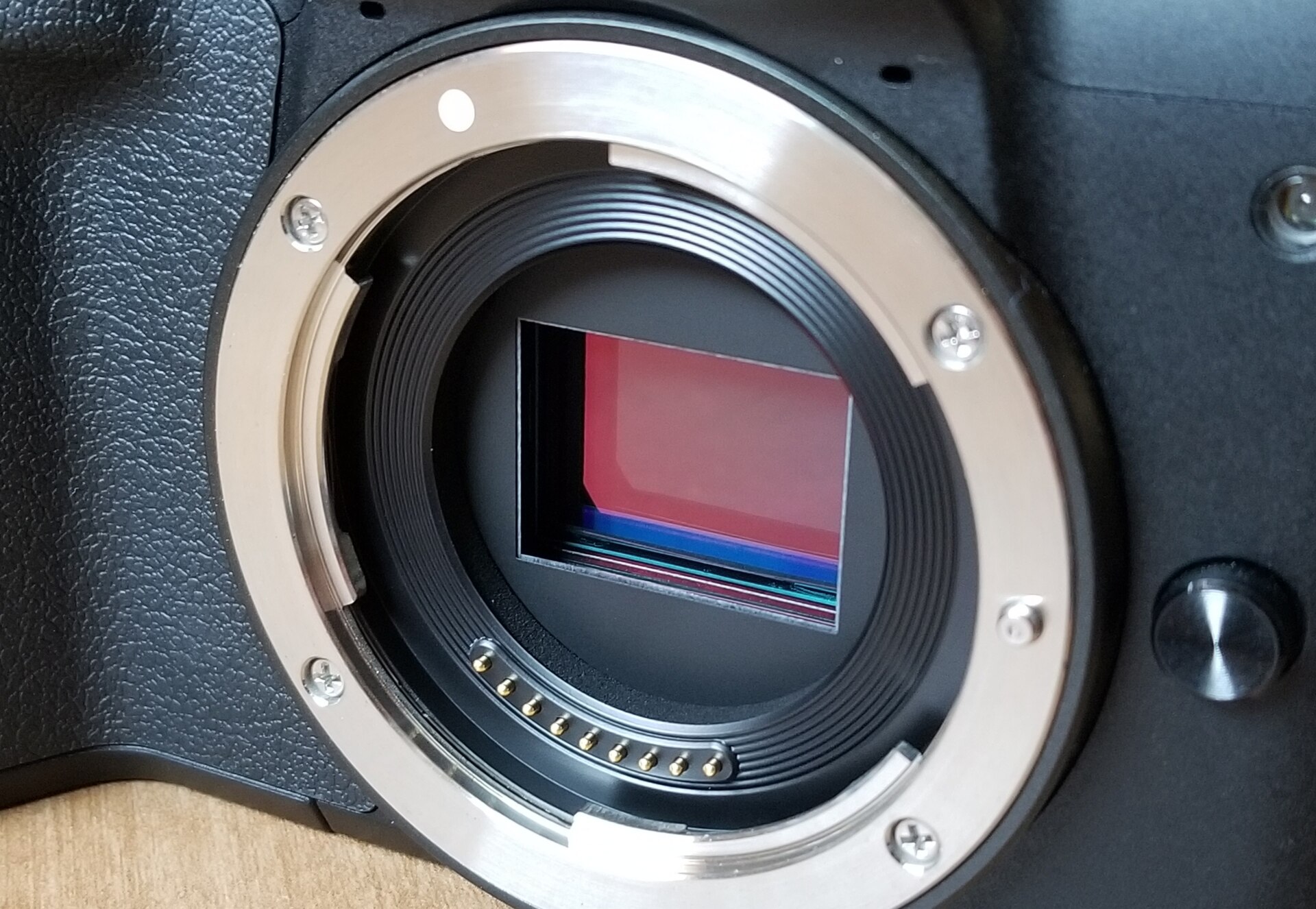 Exposed image sensor of a mirrorless camera, where the reflex mirror used to sit