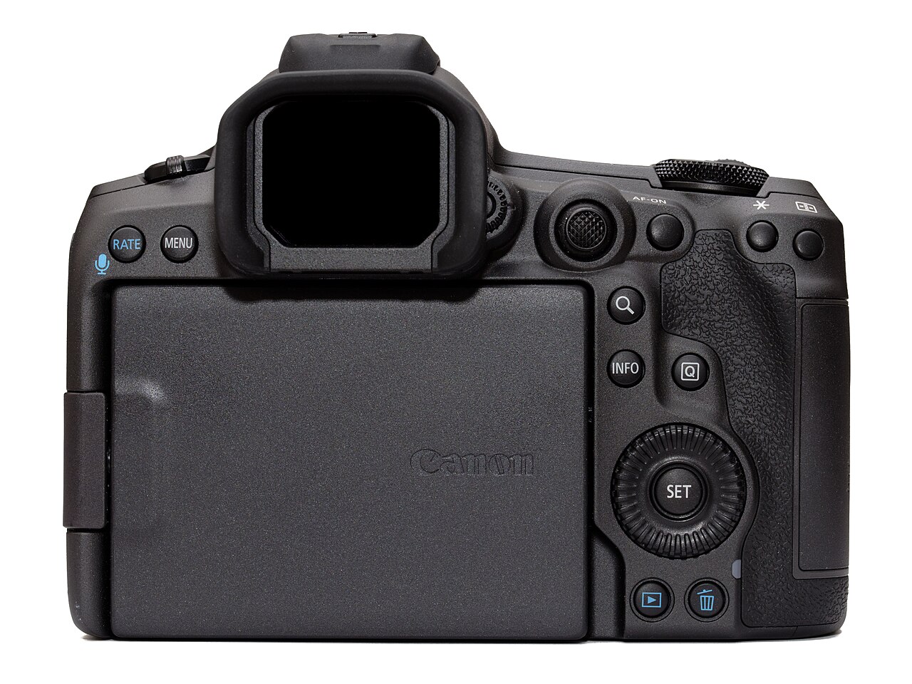 Rear view of a Canon EOS R5 Mark II camera with the screen closed