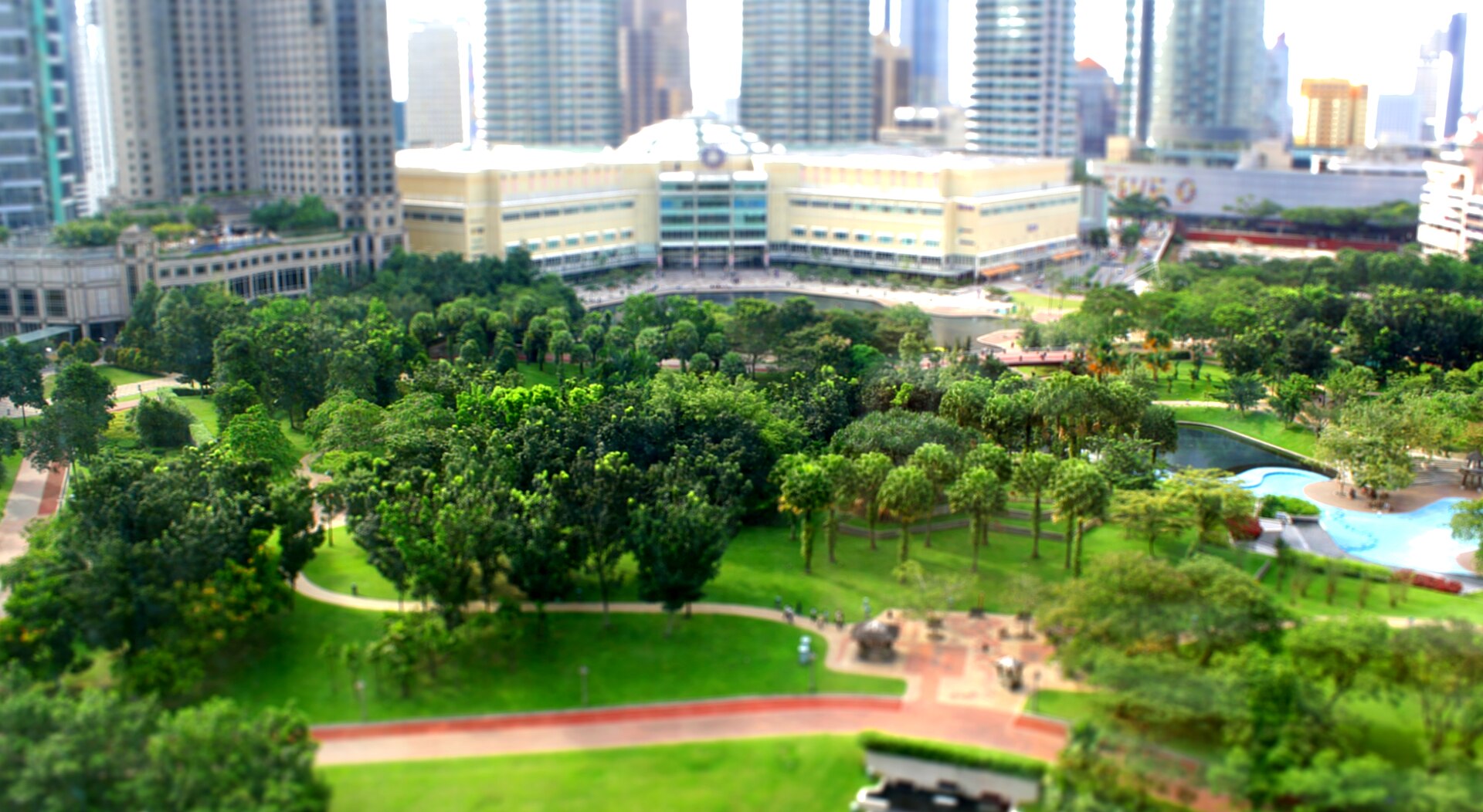 KLCC Park in Kuala Lumpur photographed in tilt-shift miniature style