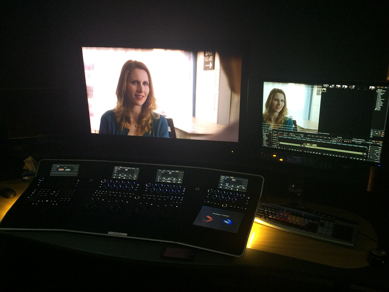 Color grading workstation with Nucoda panel and reference monitor