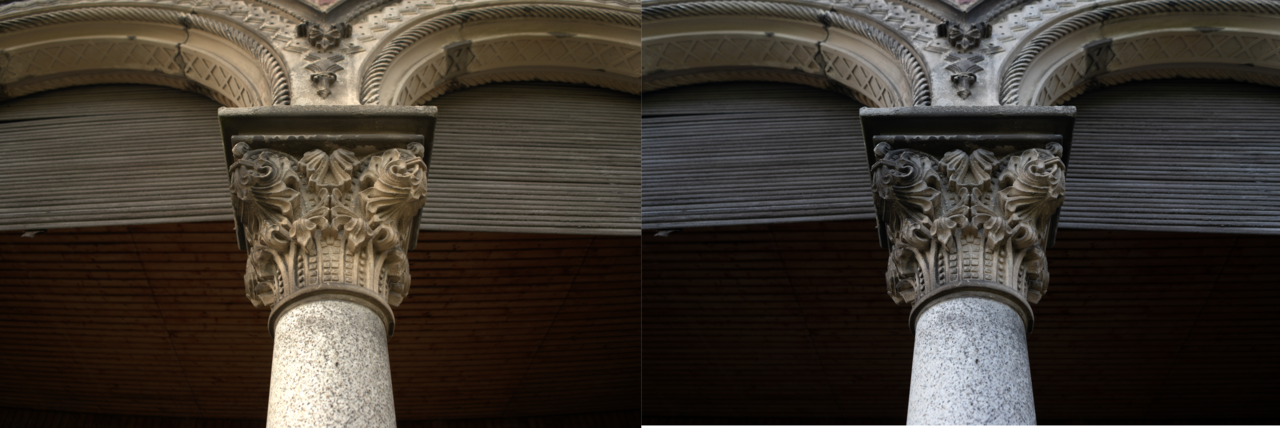 Side-by-side RAW and JPEG comparison of a column detail