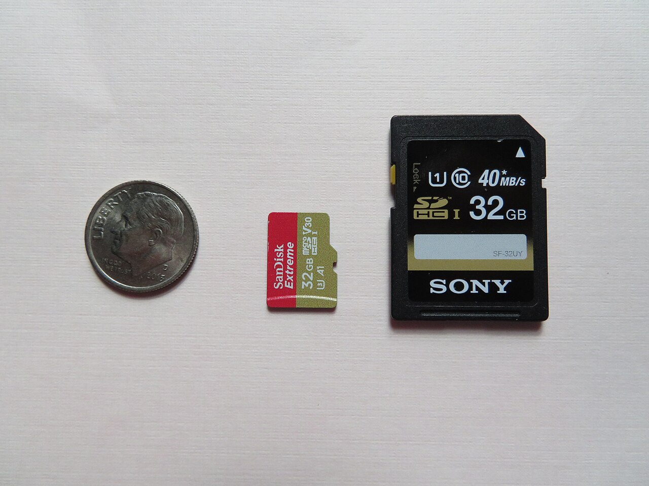 SD card and microSD card size comparison next to a dime